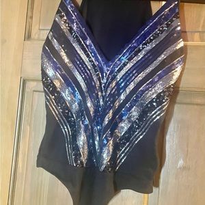 Express sequin bodysuit, size M, black, blue and silver sequin.